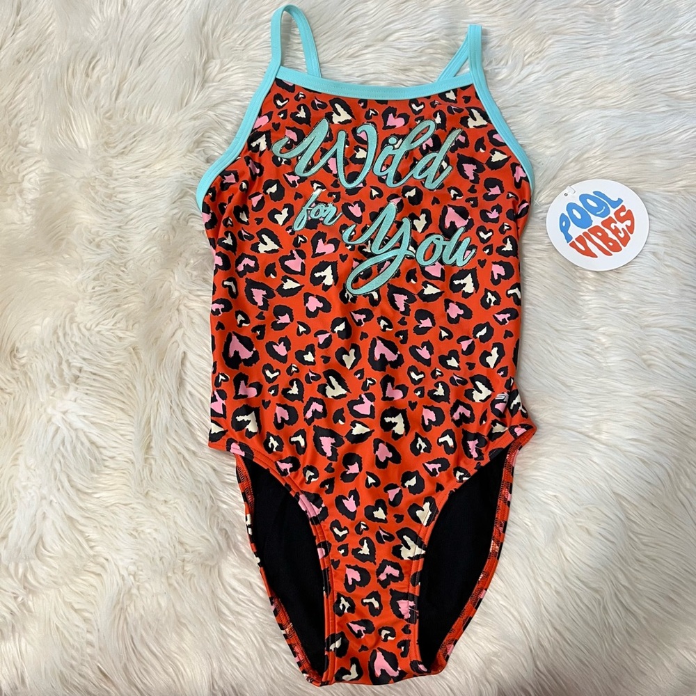 Girls Competition Sporti Coral Pink Black Leopard Turquoise Trim Size 30 (14-16)
